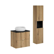 Set VANO effetto rovere e nero 90cm: mobile sottolavabo con cassetti + piano per lavabo + lavabo da appoggio rotondo + colonna