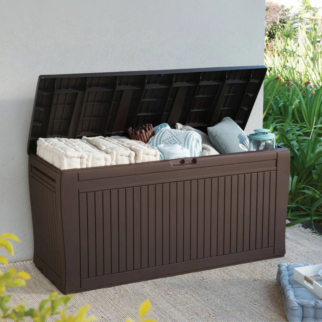 Cassapanca outdoor Gatineau, Baule da giardino, Contenitore da esterno, Panchina contenitore da esterno, 117x45 h57 cm, Marrone