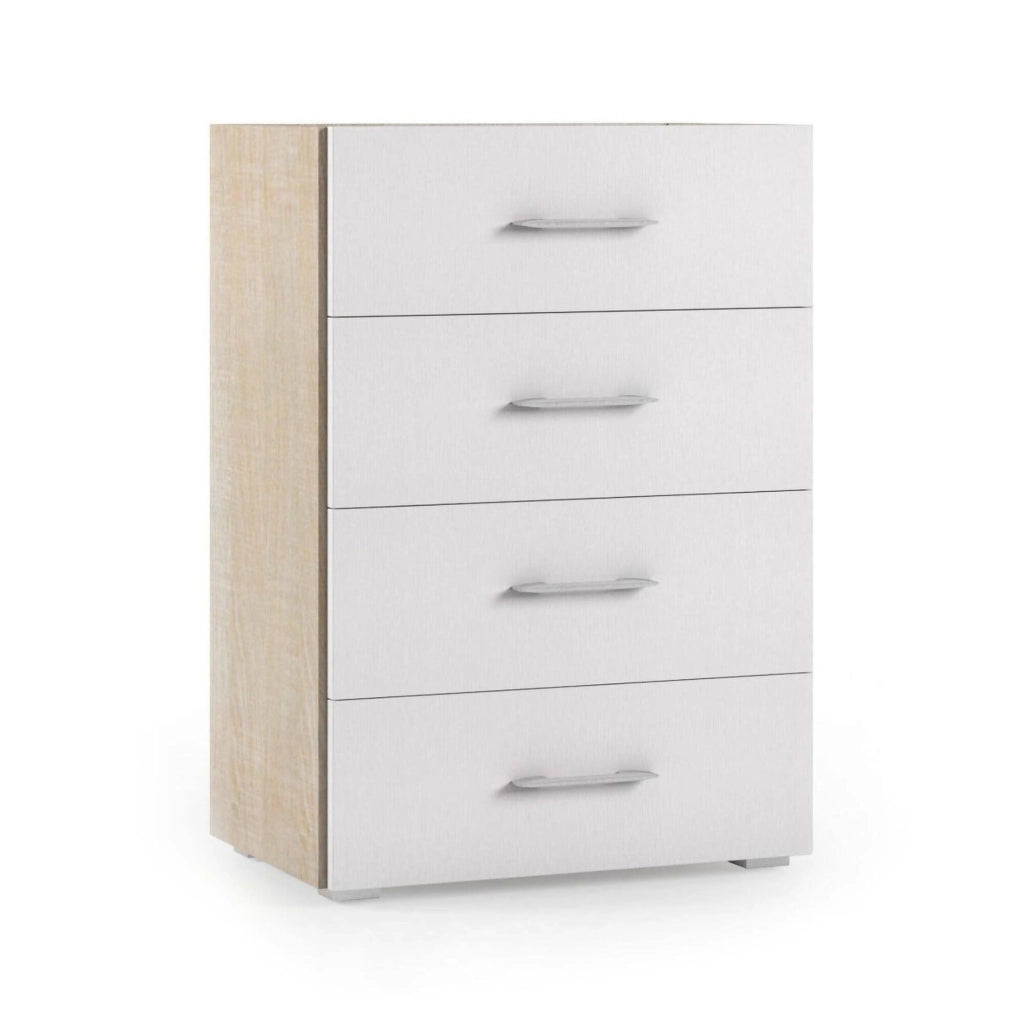 Cassettiera Solano, Settimanale a 4 cassetti per camera da letto, Mobiletto multiuso da ufficio o studio, Cm 60x41h87, Rovere e Bianco