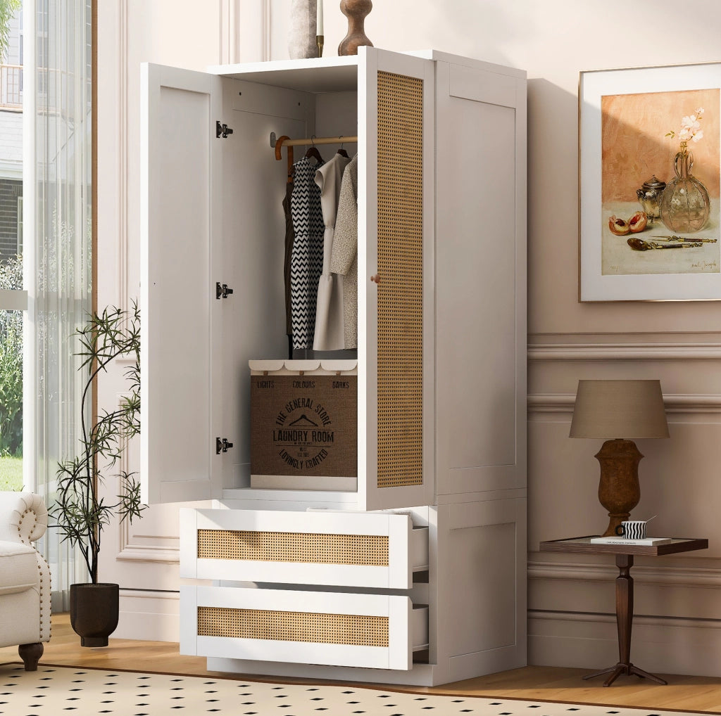 Armadio 70x55x170 cm bianco in legno e MDF, 2 ante e 2 cassetti