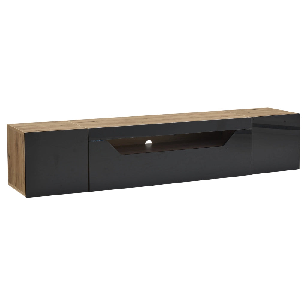 Mobile TV sospeso 180x37x36 cm con LED e 3 vani in pannello truciolare nero e naturale