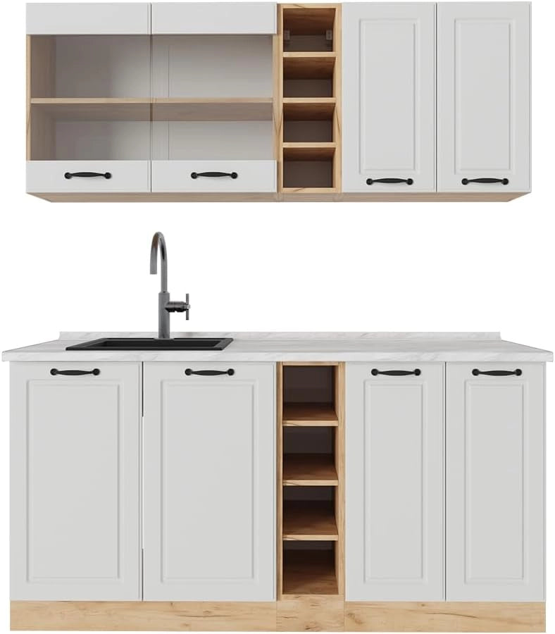 Cucina completa R-Line, Casa di campagna bianca/quercia dorata, 160 cm, PL Marmo, adatto per combinazioni ed espansioni personalizzate