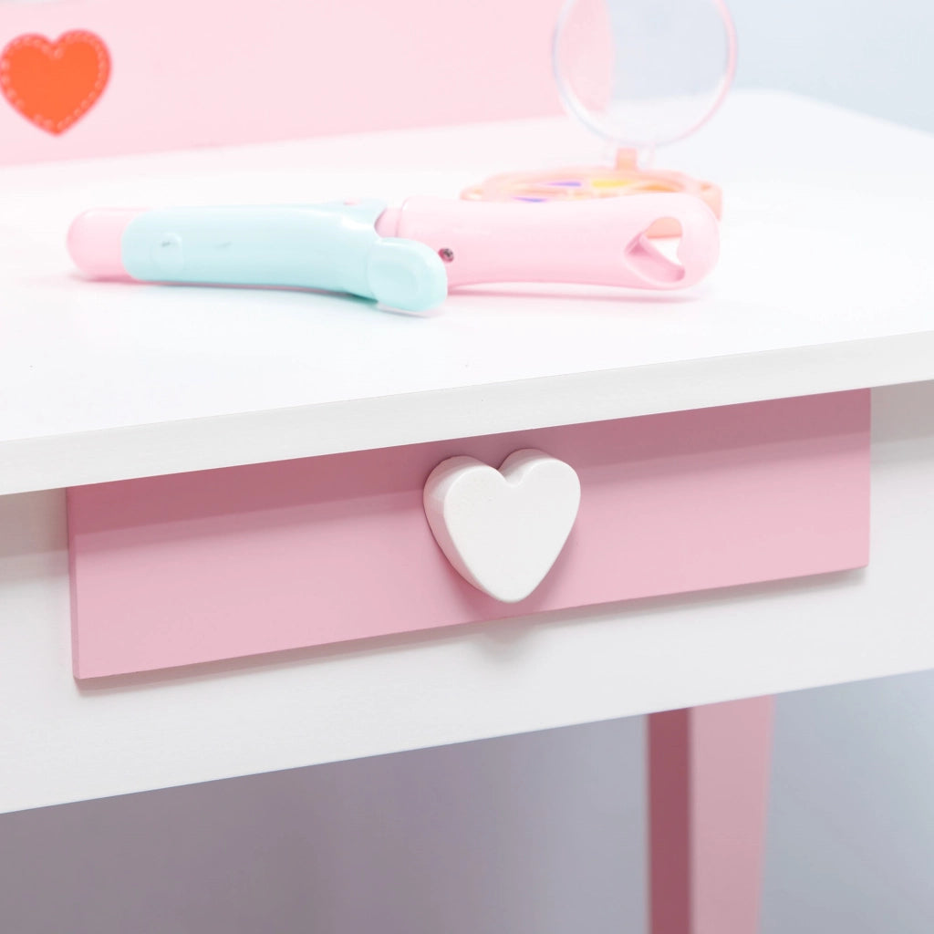EasyComfort Set Tavolo Trucco con Sgabello, Specchio e Cassetto in MDF per Bimbi 3-6 Anni, Bianco e Rosa