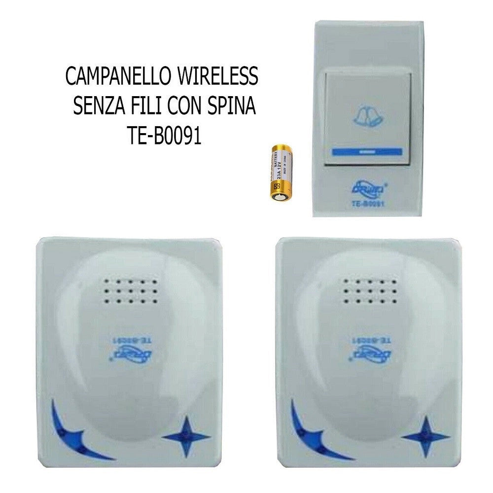 Trade Shop - Campanello Senza Fili Da Esterno Wireless 1 Trasmettitore 2 Ricevitori Spina 91 -