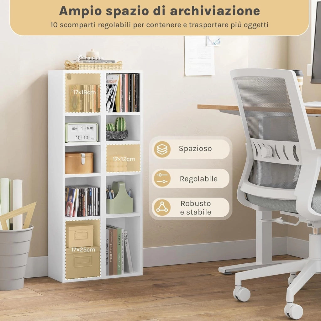 Porta CD a Colonna, Libreria Stretta e Alta con 10 Scomparti, Capacità Max. 160 CD, DVD, Libreria Verticale a Colonna da Terra, Bianco, SK063ws
