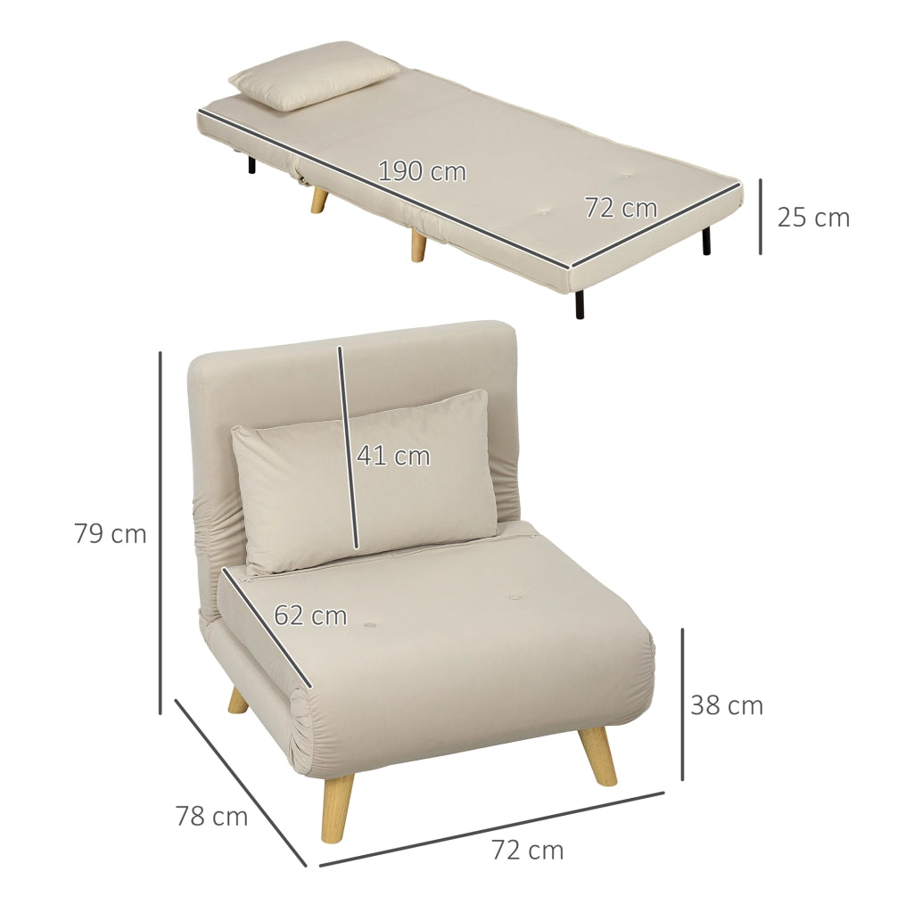 Poltrona letto reclinabile con schienale regolabile e cuscino, in velluto beige imbottita 72 × 78 × 79 cm