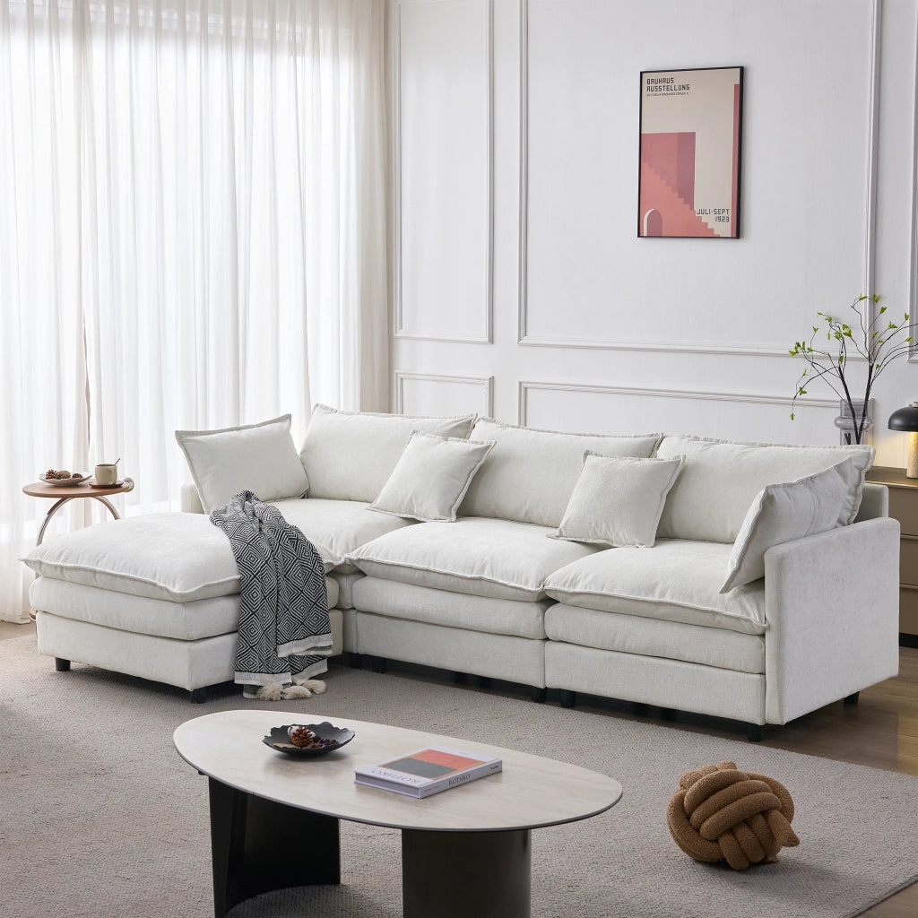 Divano angolare modulare 3 posti con pouf in Chenille Beige