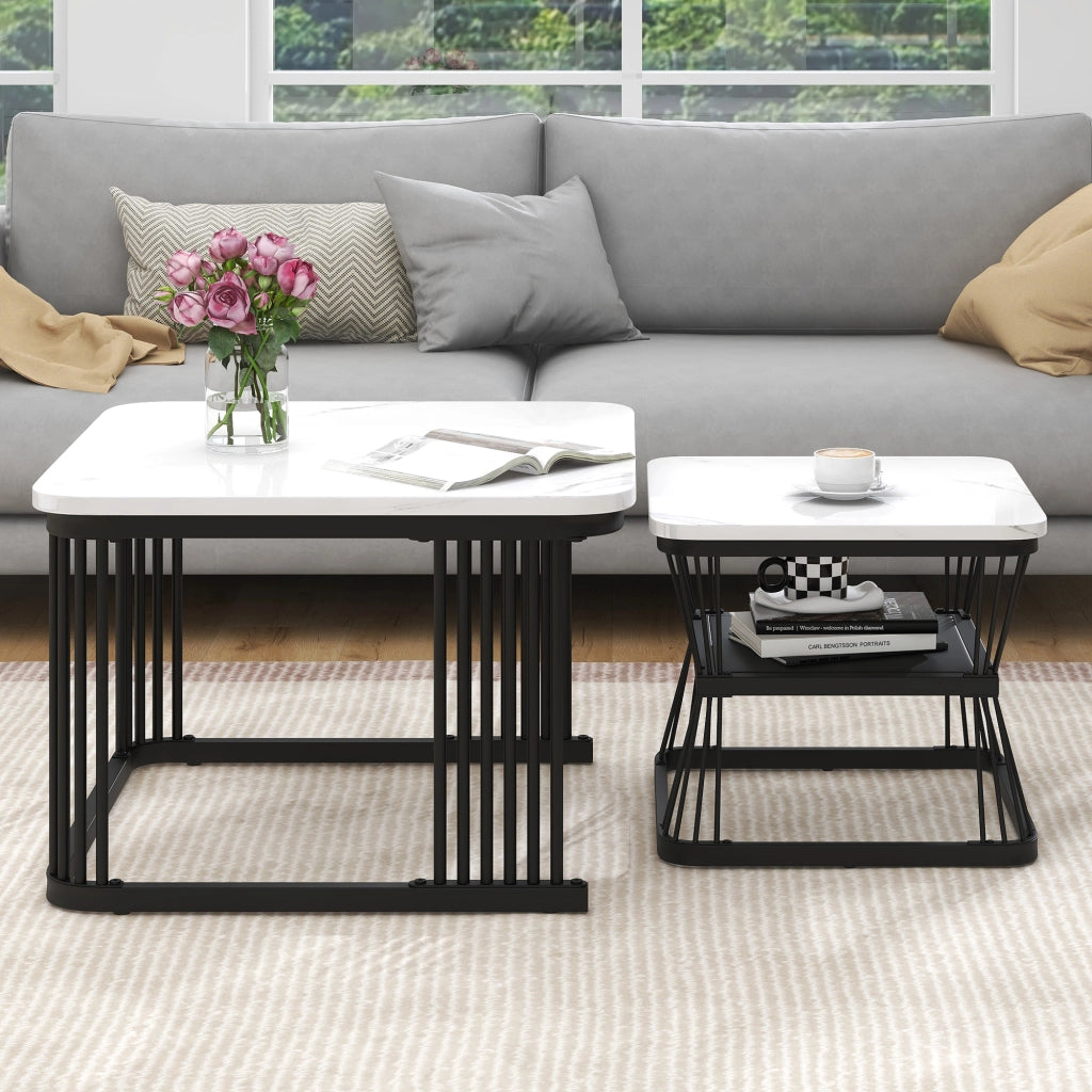 TAVOLINI Set da 2 pezzi 65x65x45 cm e 45x45x39,5 cm MDF bianco, acciaio nero