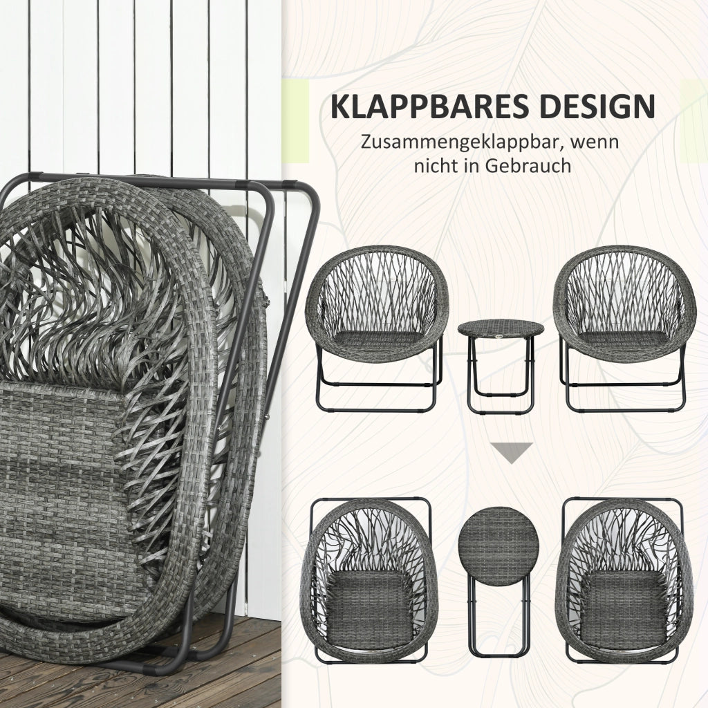 SET 3 PEZZI SALOTTO DA GIARDINO PIEGHEVOLE IN RATTAN GRIGIO CON TAVOLINO