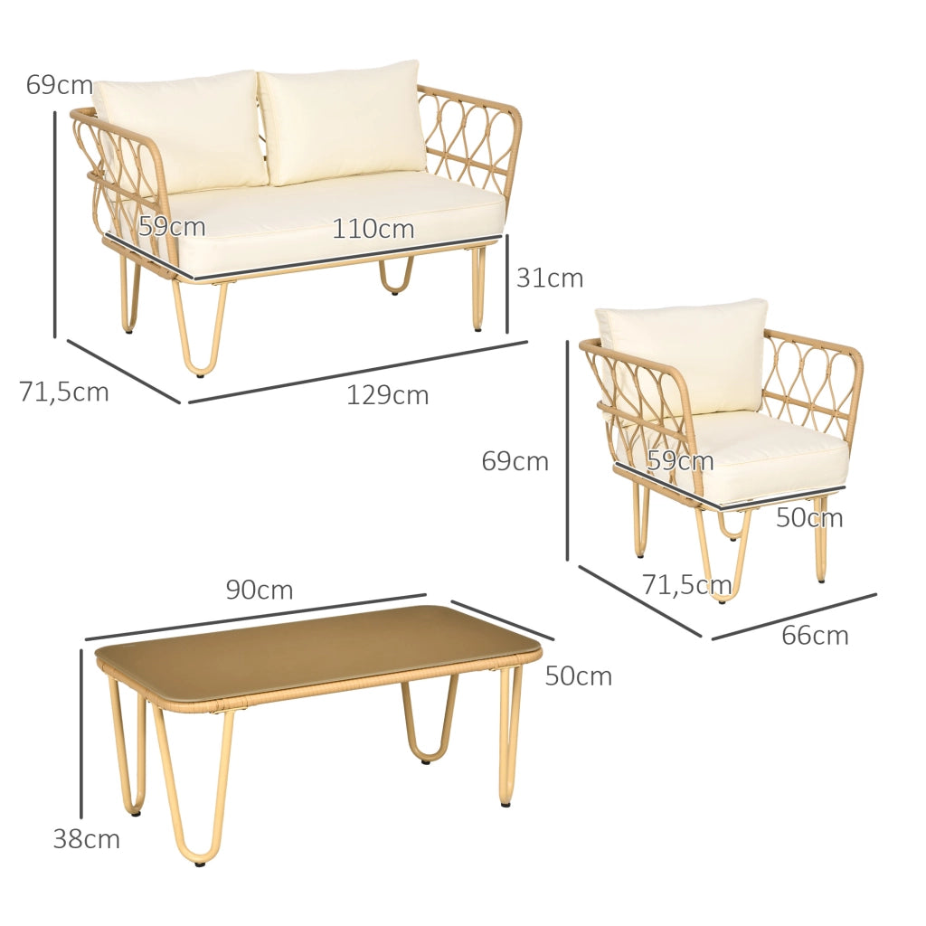 Set divano 2 posti + 2 poltrone + tavolino in vetro ¨C zephmum ¨C 7 cuscini ecru