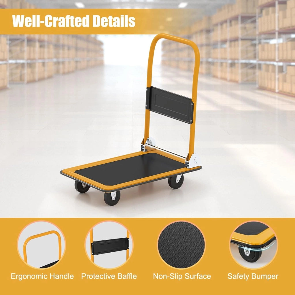 Carrello Pieghevole con Ruote, Carrello a Piattaforma da Transporto, Capacità 150 KG, con Piattaforma Antiscivolo, per Trasporto, Movimentazione, Demenagement, 73 X 48 X 83 CM (Nero+Giallo)