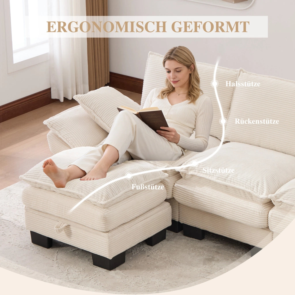 Divano modulare a 3 posti in velluto a coste con pouf seduta ergonomica USB-C e tasche laterali beige