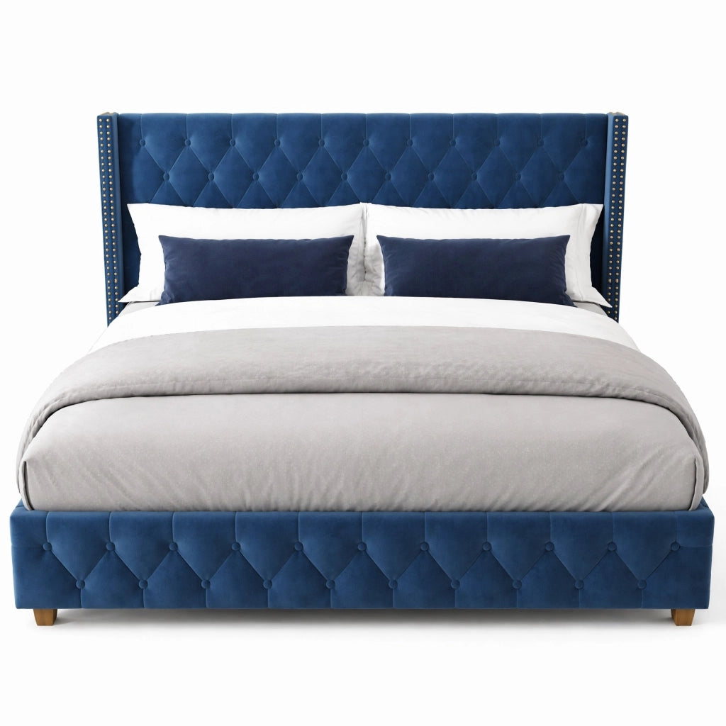 Letto imbottito 160x200 cm in velluto blu con testiera trapuntata, rete a doghe e gambe robuste
