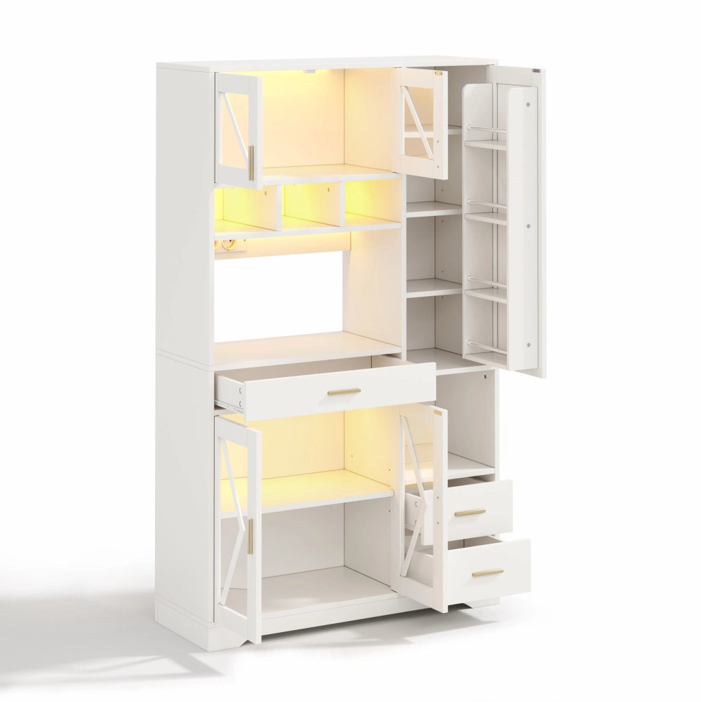 Credenza 105x40x185 cm con LED multicolore e prese; in MDF bianco