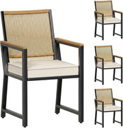 Set di 4 sedie da giardino in rattan, resistenti alle intemperie, con braccioli in WPC, sedie per esterni con cuscino rimovibile, sedie da pranzo in metallo, portata fino a 160 kg, per
