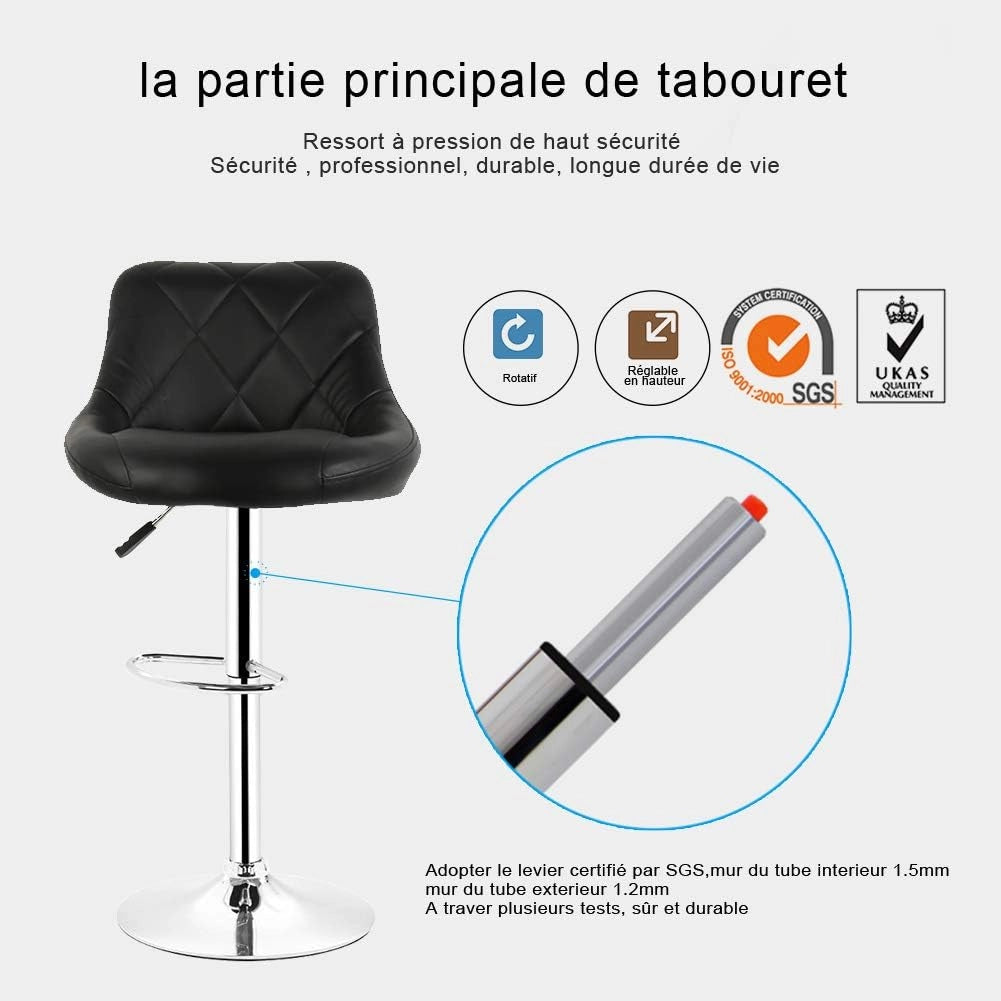Sgabello da bar, sedia da bar con schienale, altezza regolabile 60 cm – 82 cm, girevole a 360 gradi, in similpelle, PU (nero)