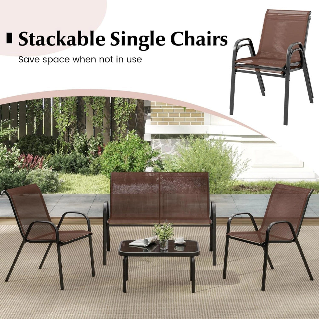 Set di mobili da giardino, 4 pezzi, per 4 persone, set di mobili da giardino, con 2 poltrone, 1 divano e 1 tavolino da caffè, mobili da esterno, per cortile, patio (marrone)