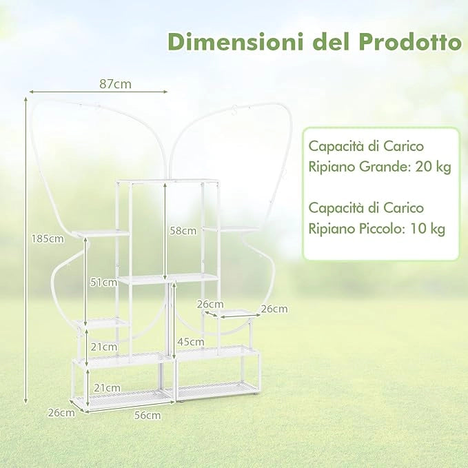 Scaffale Porta Piante a 6 Livelli, Scaffale per Vasi a Forma di Farfalla con 12 Ripiani in Rete Metallica e 4 Ganci, Mensola a Scala per Piante da Interno e Esterno (Bianco)