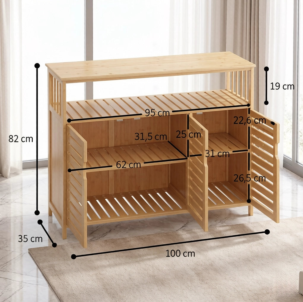Credenza 100x35x82 cm in bambù naturale con vano contenitore, per sala da pranzo