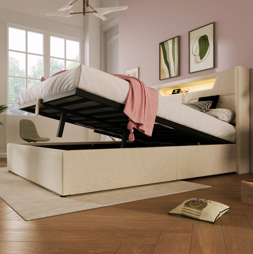 Letto matrimoniale 160x200 cm beige in lino, LED e USB Type C con contenitore