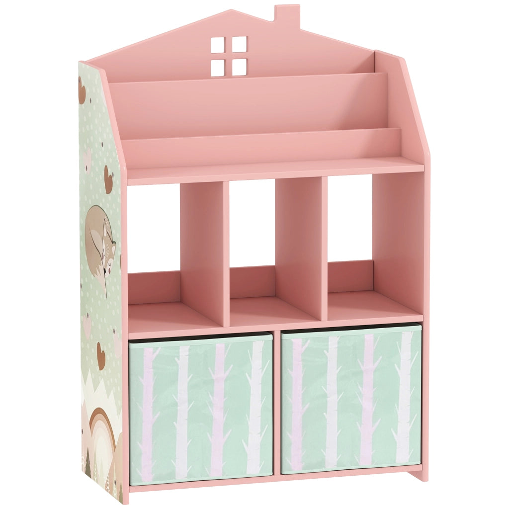 Scaffale Portagiochi per Bambini 62,5x30x91,5 cm con 2 Contenitori Rimovibili in Tessuto e Ripiani in Legno FSC Rosa