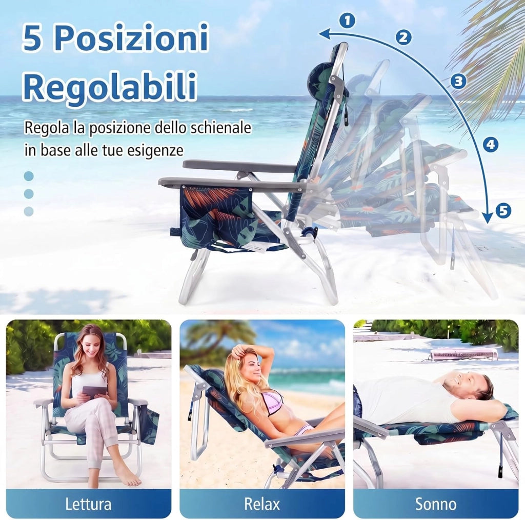 Set di 2 Sedie e Tavolino da Spiaggia Pieghevole, Schienale Regolabile a 5 Livelli, con Portatesta, Borsa Portaoggetti, Borsa Termica, per Campeggio Picnic Esterno (Fogliame, Modello 2)