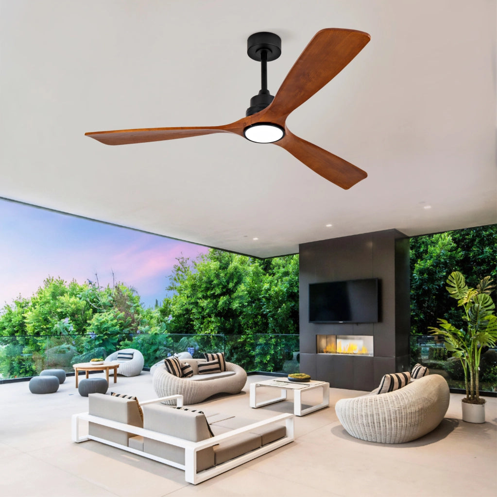 Ventilatore da soffitto con luce LED e telecomando; 152 cm; legno e metallo; noce e nero