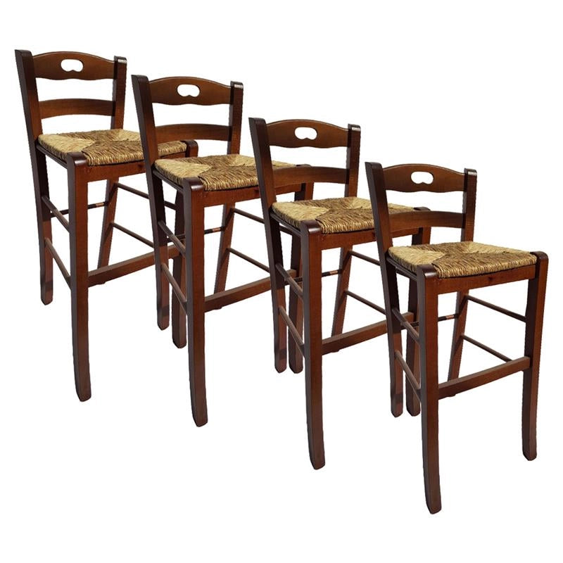 SET 4PZ SGABELLI SNACK CON SEDUTA IN PAGLIA COLORE NOCE 39X38X90CM STILE RUSTICO SCHIENALE ALTO