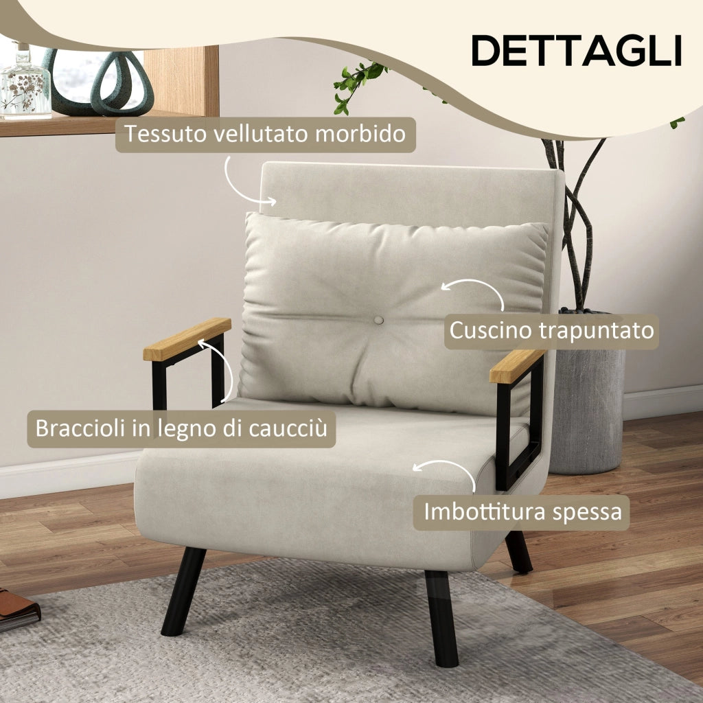 Poltrona Letto Singolo Reclinabile con Cuscino Sfoderabile in Tessuto Effetto Lino Crema