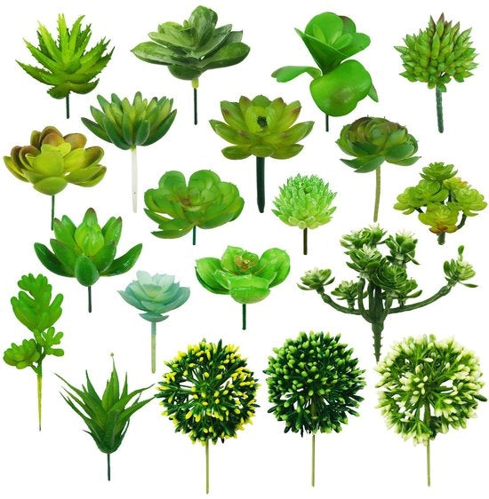 Set di piante artificiali miste - decorazione - con 20 pezzi - verde - plastica