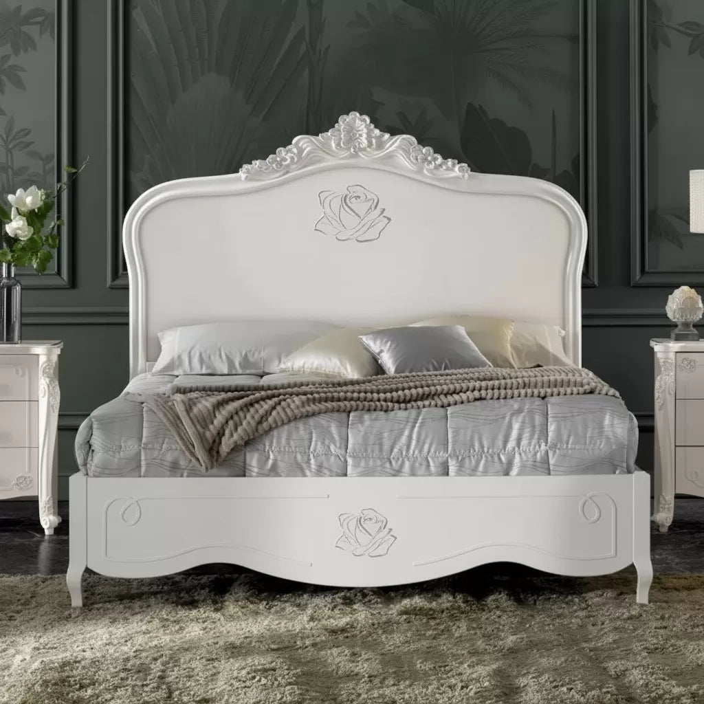 Letto matrimoniale barocco rosa intagliata bianco 182x212x156 (2134) - Mobili 2G