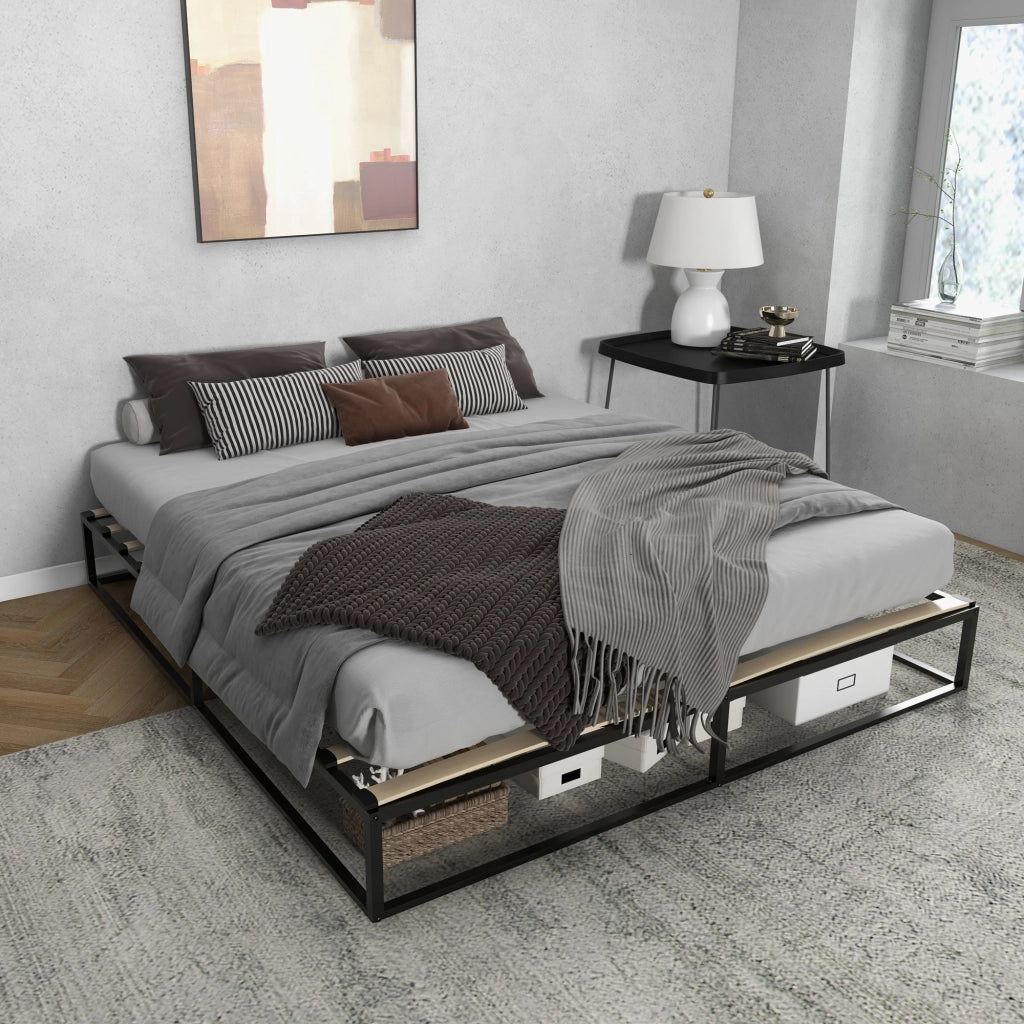 Letto Matrimoniale in Acciaio con Rete a Doghe in Legno ¨C Zephmum ¨C Nero 180x200x25 cm