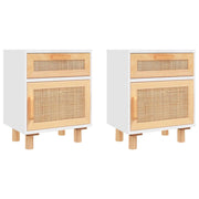 Comodini 2 pz-Set di 2 Tavolino da notte Bianchi Legno Massello di Pino e Rattan Naturale