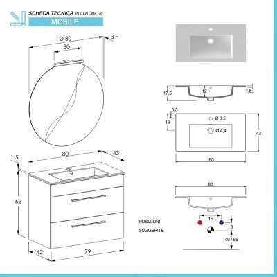 Mobile bagno sospeso 80 cm Smart grigio legno con lavabo e specchio