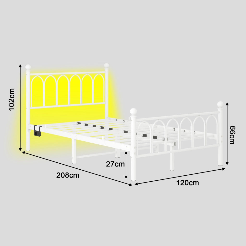 Letto singolo 120 × 200 cm con testiera alta, LED, USB e presa, spazio sottoletto, senza materasso, bianco