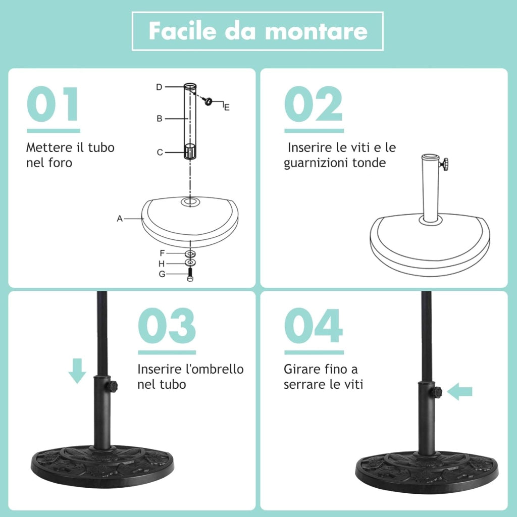 Base per Ombrellone, per Pali da 38-48mm, Base Ombrellone in Resina, 9KG, Nero