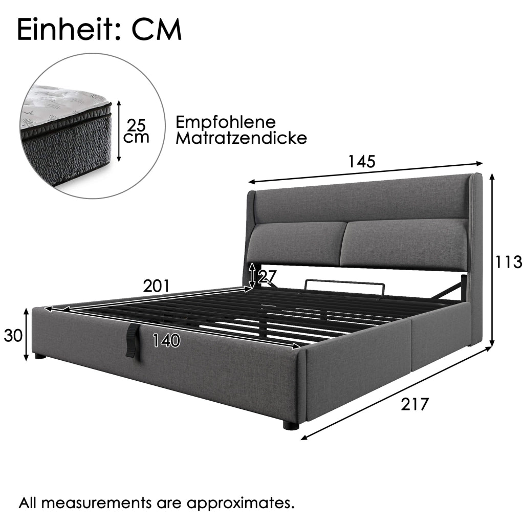 Letto imbottito 145x217x113 cm con testiera regolabile e contenitore idraulico in lino grigio