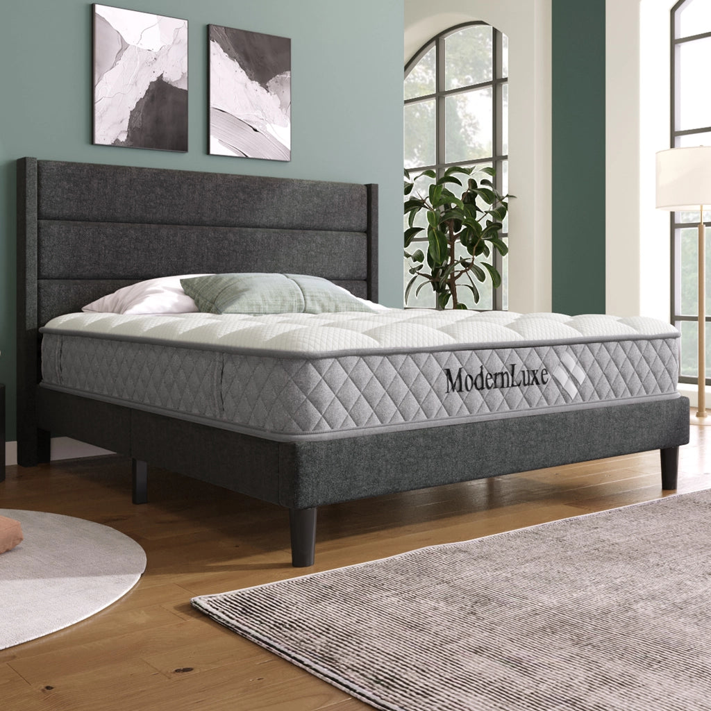 LETTO imbottito 140x200 cm in tessuto grigio con materasso incluso