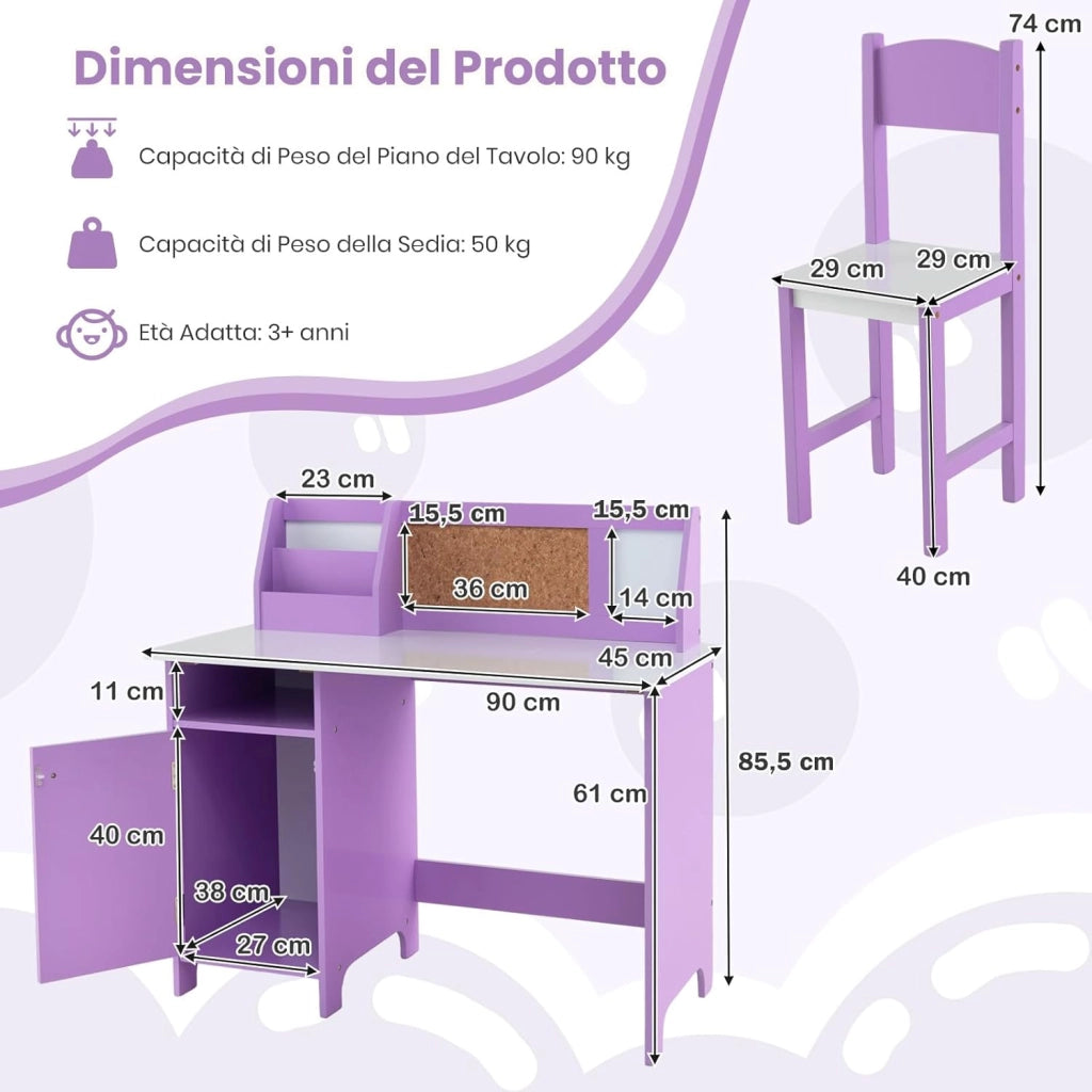 Set Scrivania e Sedia per Bambini per Studio e Lettura, Viola | Banco Scuola con Sedia Ergonomica, Lavagna Bianca, Pennarello, Armadietto e Bacheca, Postazione Computer per Cameretta Studio