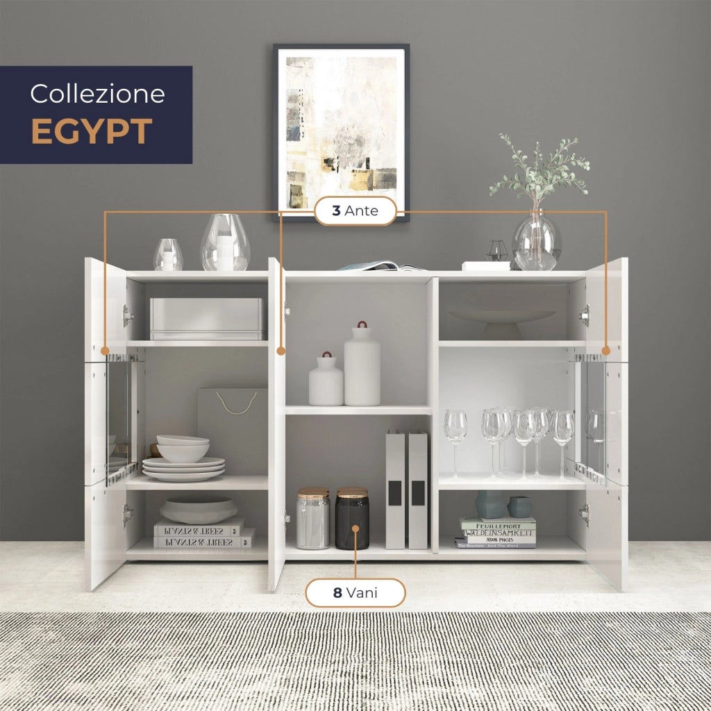 WHOUS Credenza Egypt a 3 ante con inserti in vetro espositivi bianco lucido 135x40x80 cm
