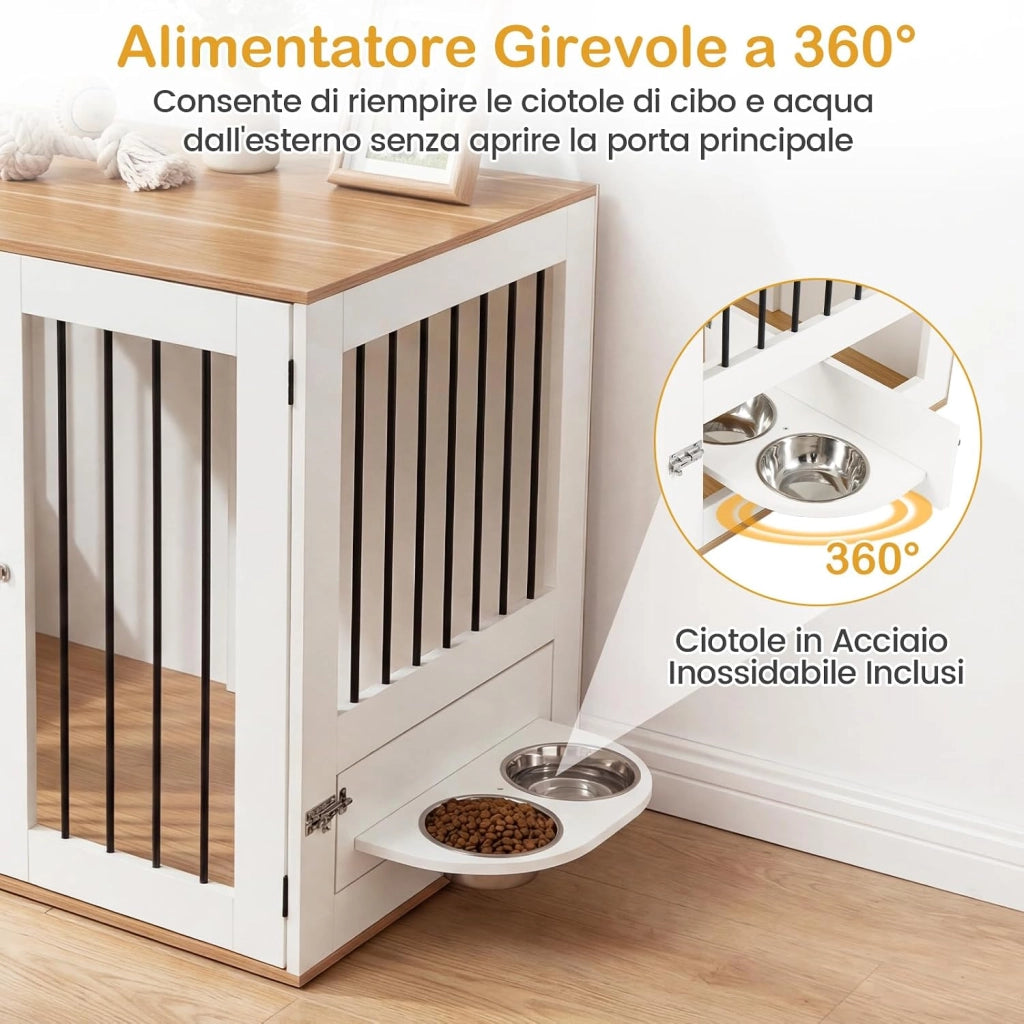 Cuccia per Cani da Interno, Gabbia per Cane Piccolo e Midio con 2 Ciotole Girevoli, 2 Porte e Chiusura di Sicurezza, Casetta per Cuccioli, 80 x 66,5 x 71,5 cm
