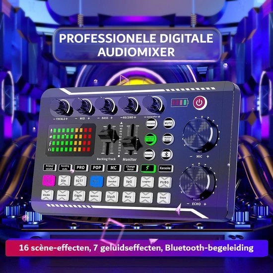 Carta di Sono per Live - Interfaccia Audio - Mixer DJ Effetti - Cambia Voce - F988 Stereo Mixer Bluetooth per Streaming in Tempo Reale, Youtube, PC, Studio di Registrazione e Giocattoli