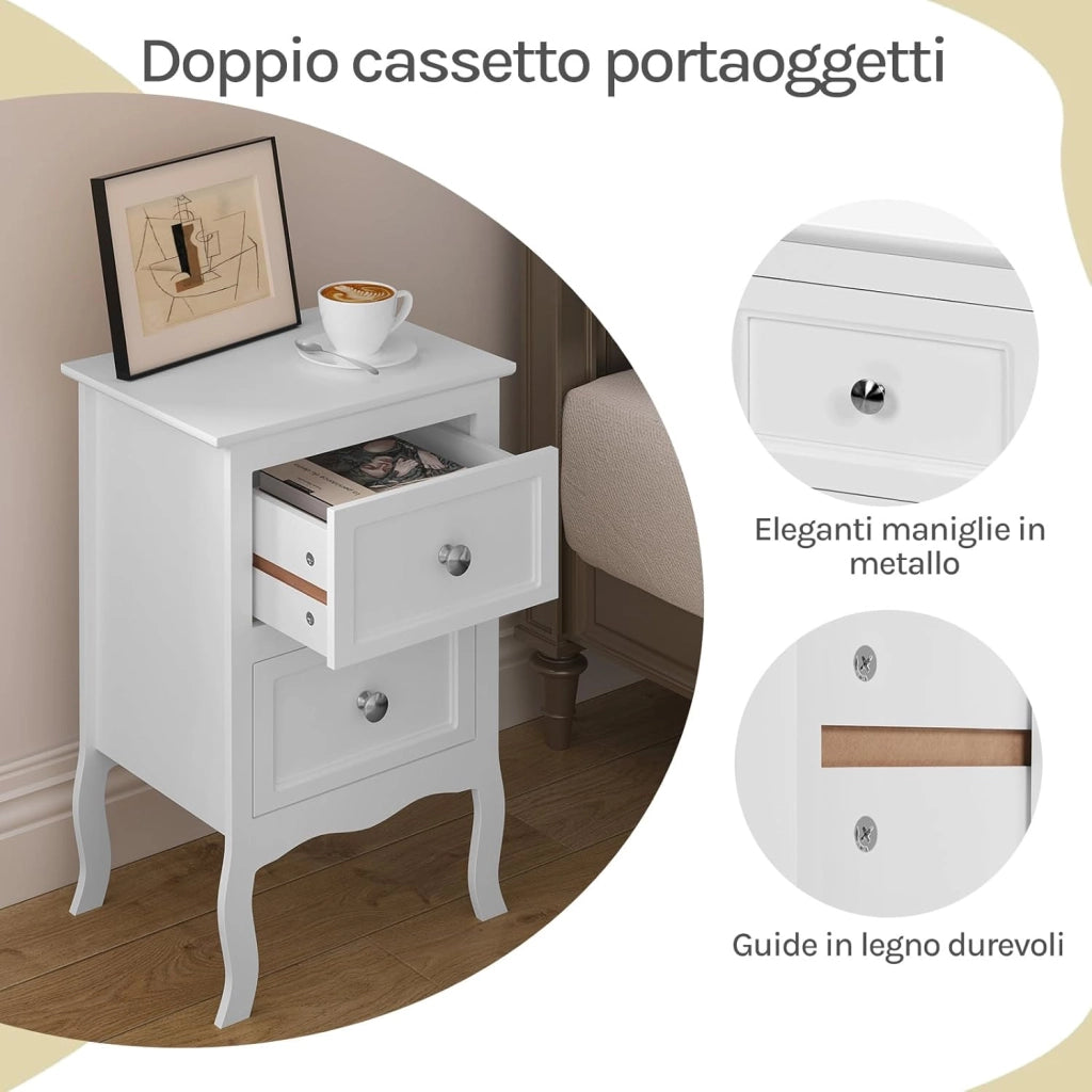 Set di 2 Comodini Shabby Chic Bianchi con 2 Cassetti per Camera da Letto Comodino da Notte in MDF 40x30x60cm TS119ws