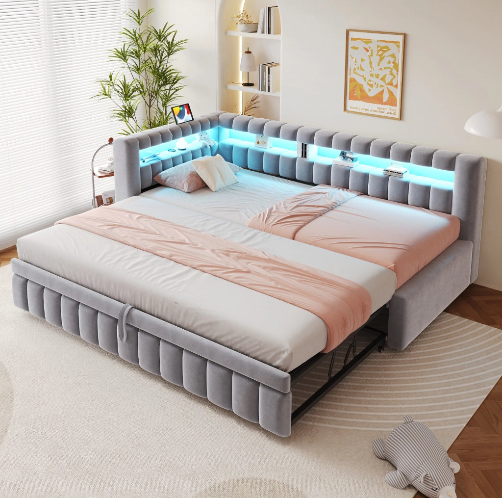 Divano letto imbottito estraibile 90x200 cm con LED; porte USB e Type-C; velluto grigio chiaro