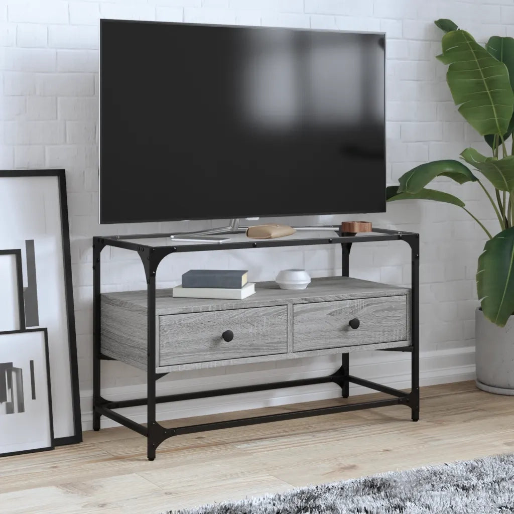 Mobile TV Piano-Credenza per TV-Console TV Vetro Grigio Sonoma 80x35x51 Legno Multistrato
