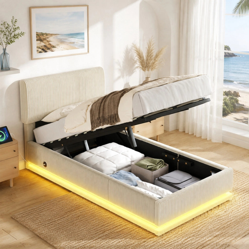 Letto imbottito 90x200 cm con LED; USB-C; testiera regolabile in corduroy beige