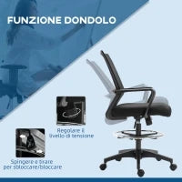 Sedia da Ufficio Regolabile in Tessuto a Rete con Braccioli e Anello Poggiapiedi, 64x59x104-124 cm, Nero
