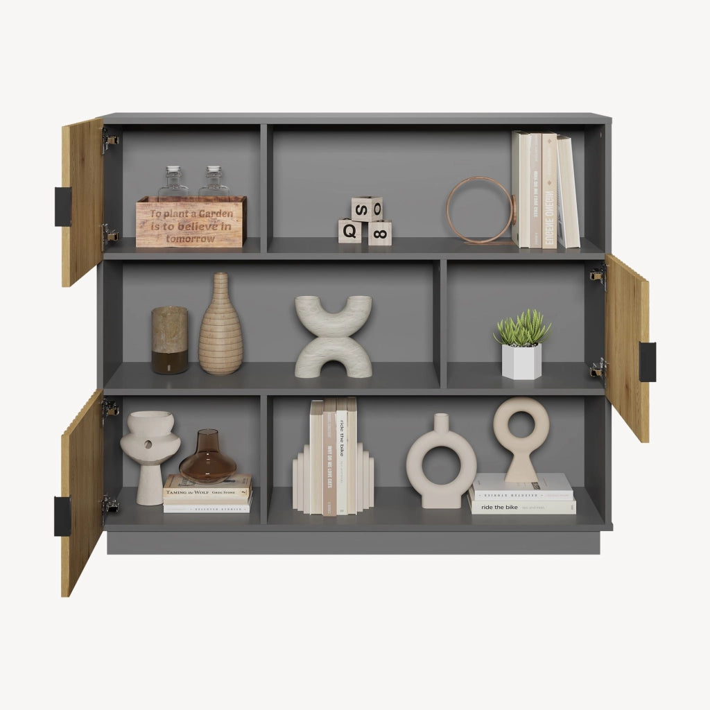 Libreria Bassa Verhundar Scaffale a 3 Livelli con Vani Aperti e Chiusi con Ante 102x120x30 cm Grigio / color Legno [en.casa]