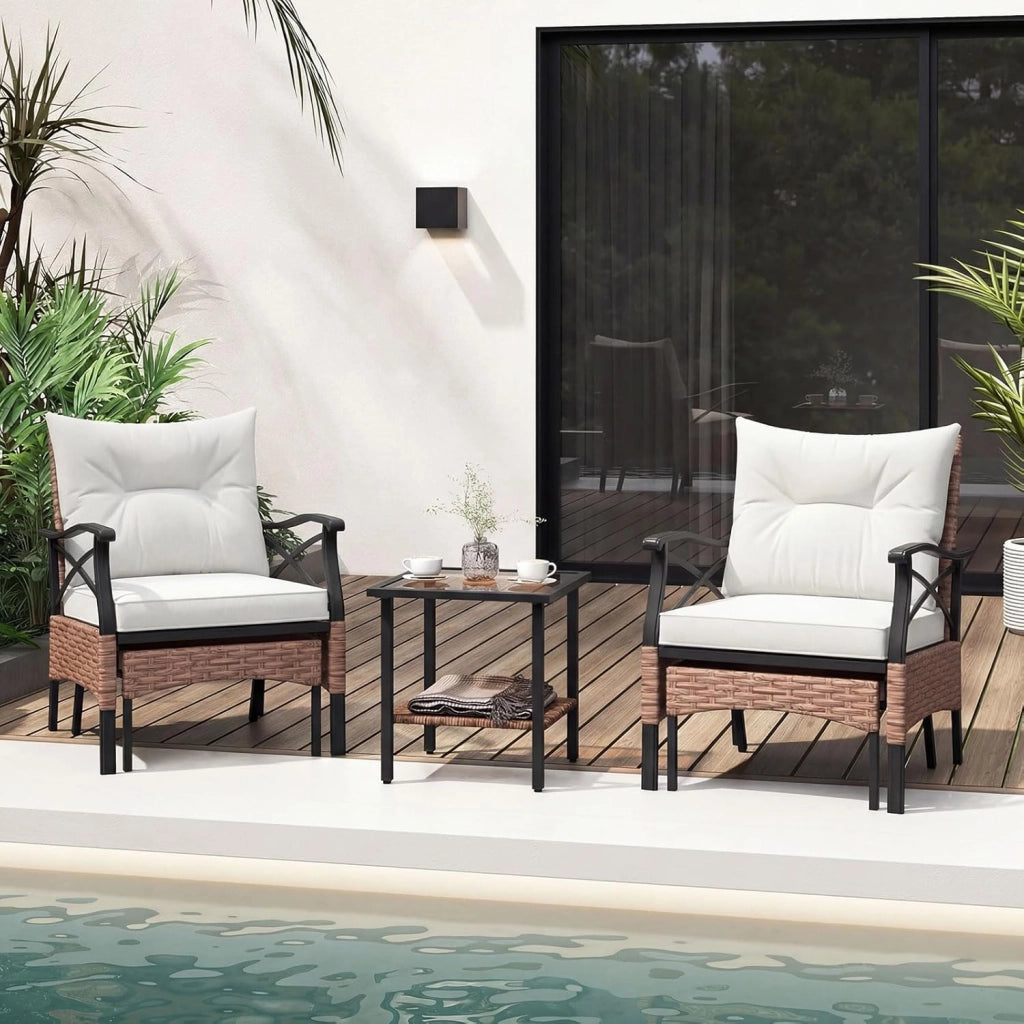 Set di 5 Mobili da Giardino in Rattan, Set Mobili da Esterno con Sedie Poggiapiedi Cuscini e Tavolino in Vetro Temperato a 2 Livelli, Set Conversazione per Portico e Balcone (Beige)