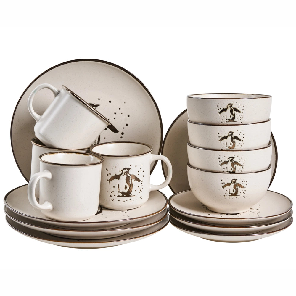 Set di 16 pezzi di stoviglie in gres  fatto a mano con finitura smaltata metallica reattiva colore bianco sporco
